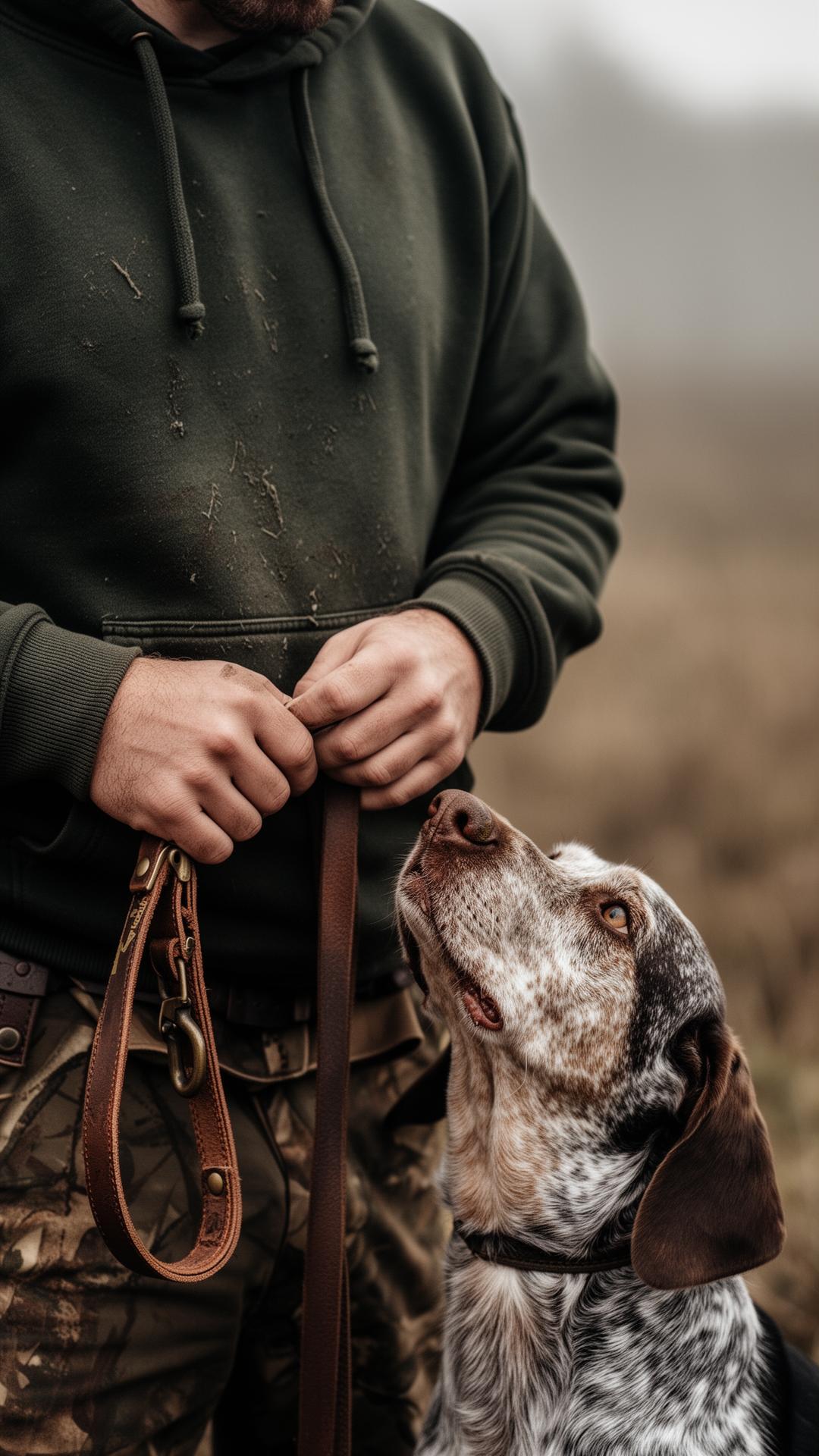 Hand i grön hoodie som håller hundkoppel